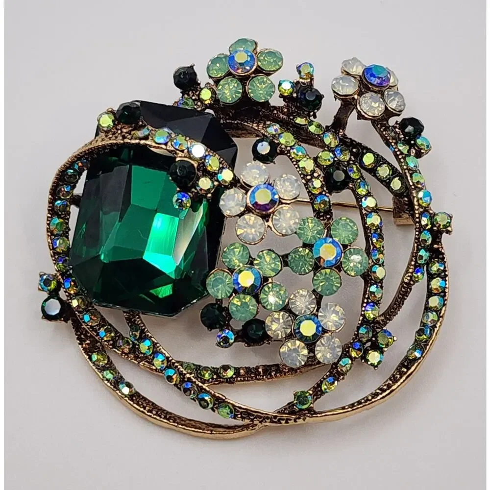 Stunning Abstract Floral Brooch Green Faux Jewel & Rhinestone Flowers Retro